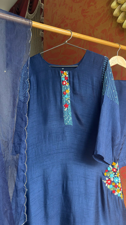 Navy Blue Heavy Kantha Work Kurta Suit Set