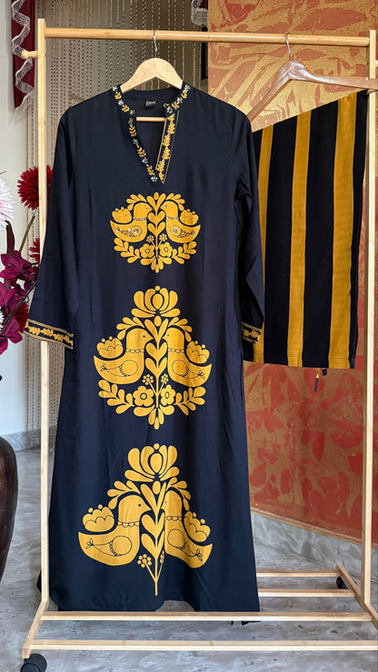 Printed and Handwork Long Kurta Set – Black and Yellow