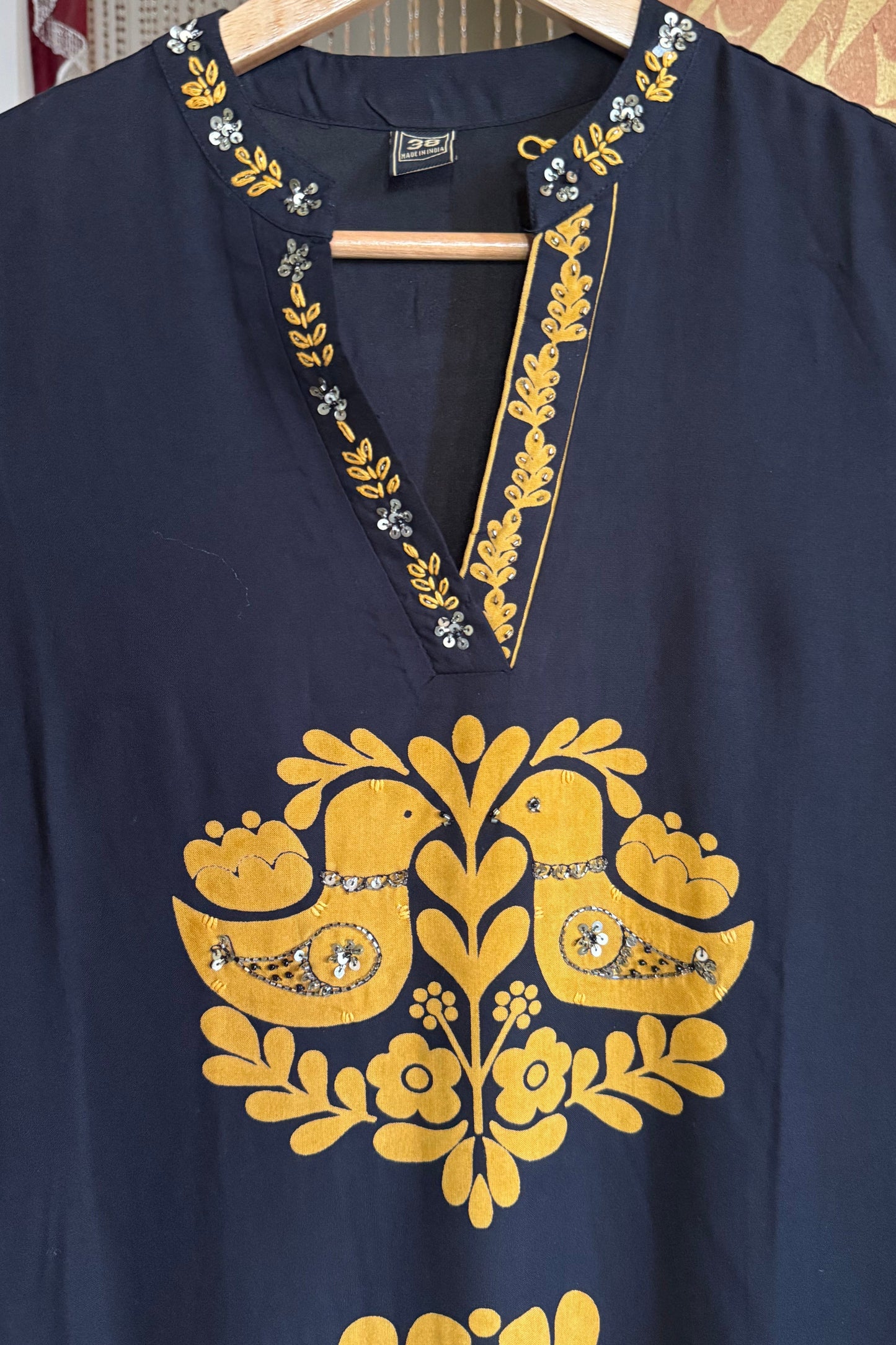 Printed and Handwork Long Kurta Set – Black and Yellow