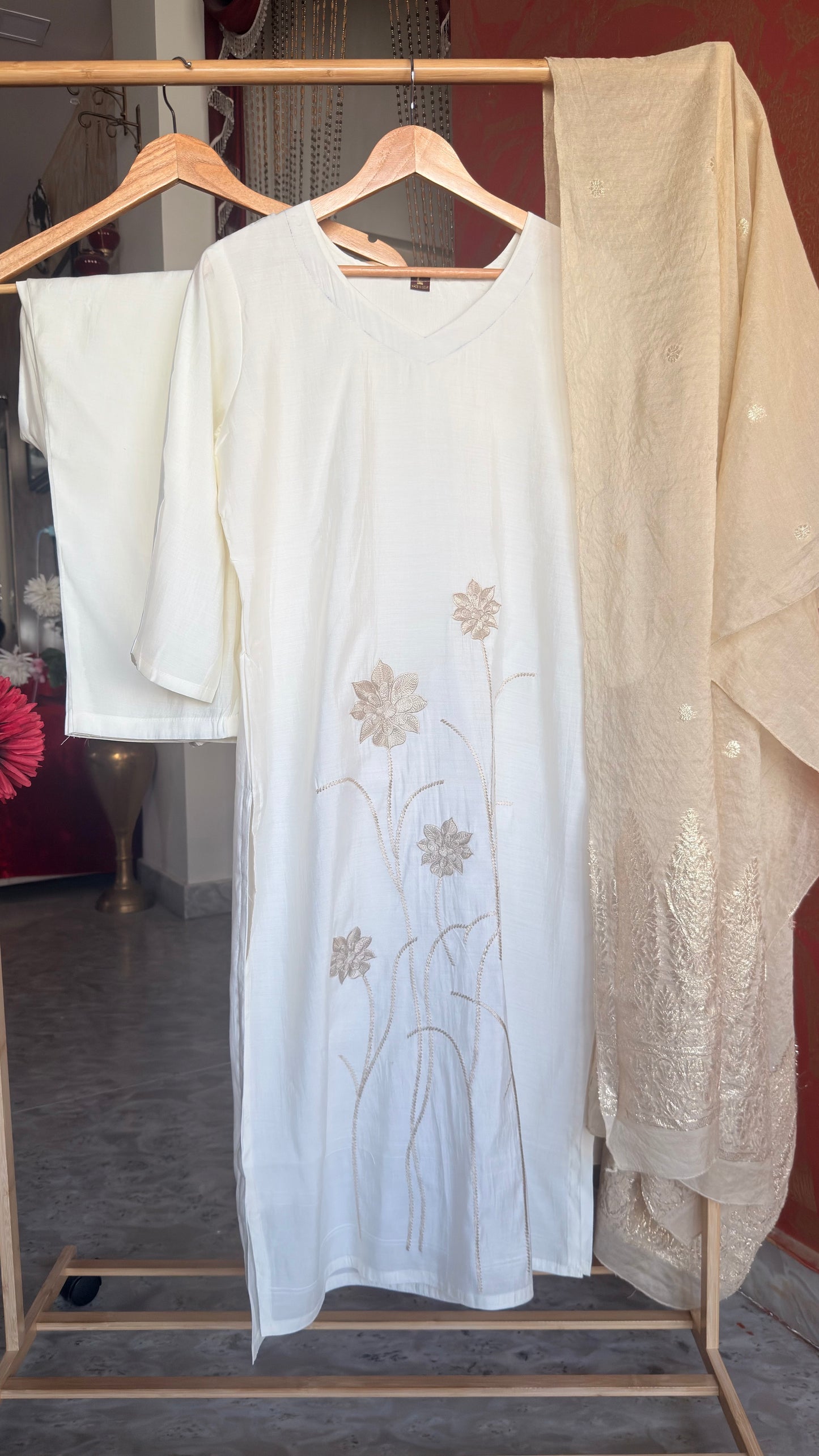 Off White Roman Silk Suit with Embroidery and Banarasi Dupatta
