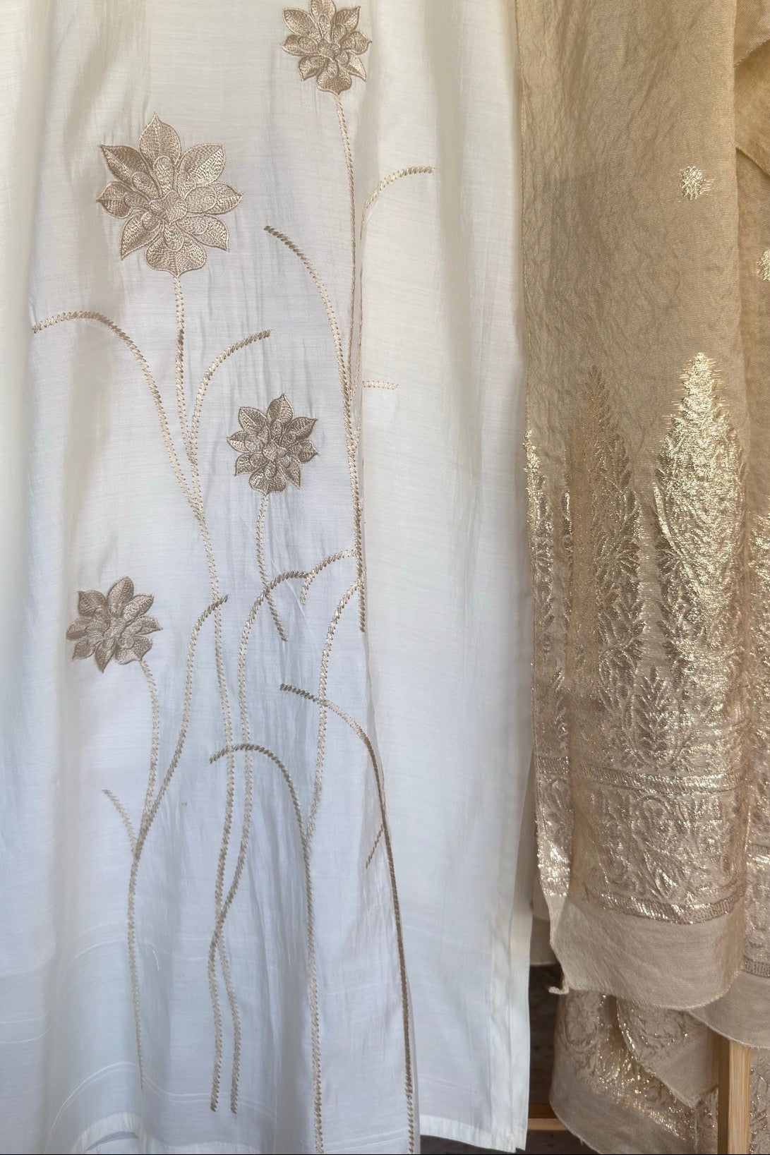 Off White Roman Silk Suit with Embroidery and Banarasi Dupatta