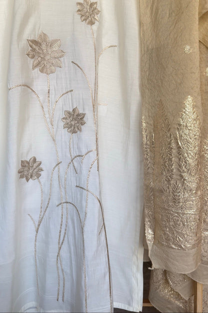 Off White Roman Silk Suit with Embroidery and Banarasi Dupatta