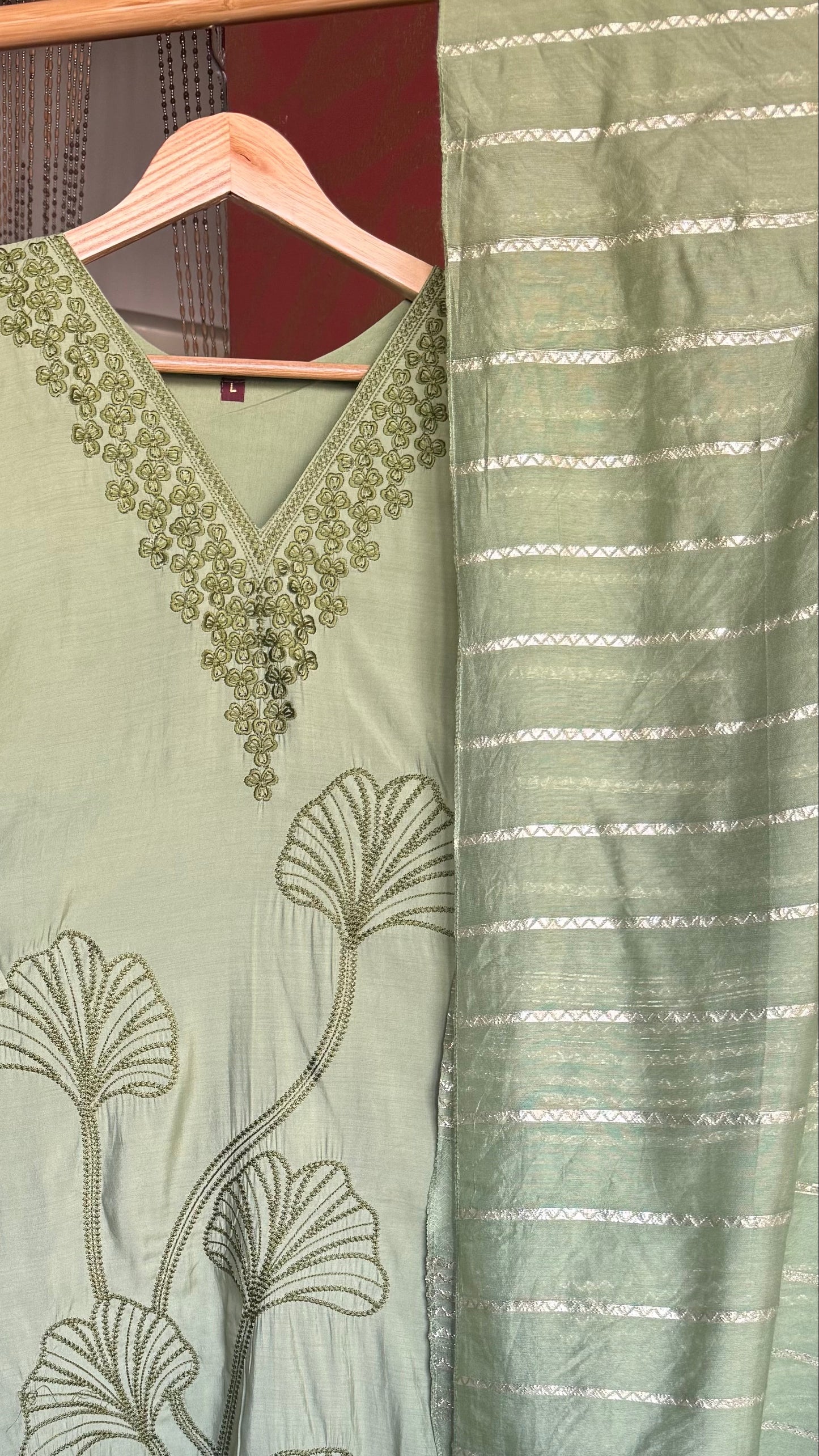 Light Green Roman Silk Suit with Embroidery and Banarasi Dupatta