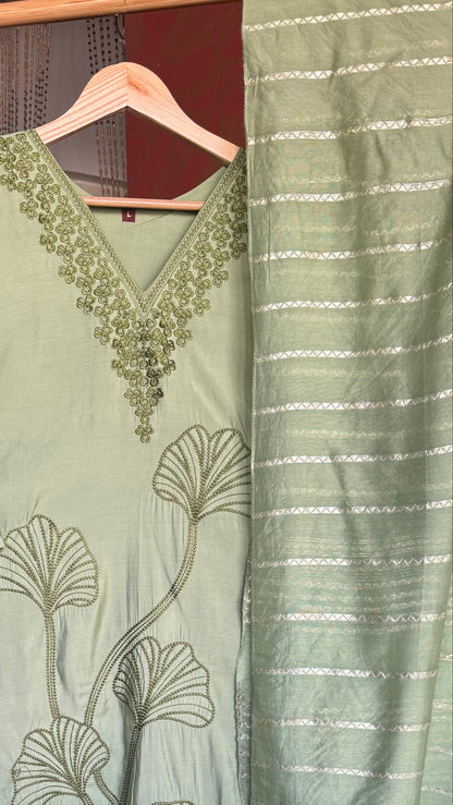 Light Green Roman Silk Suit with Embroidery and Banarasi Dupatta