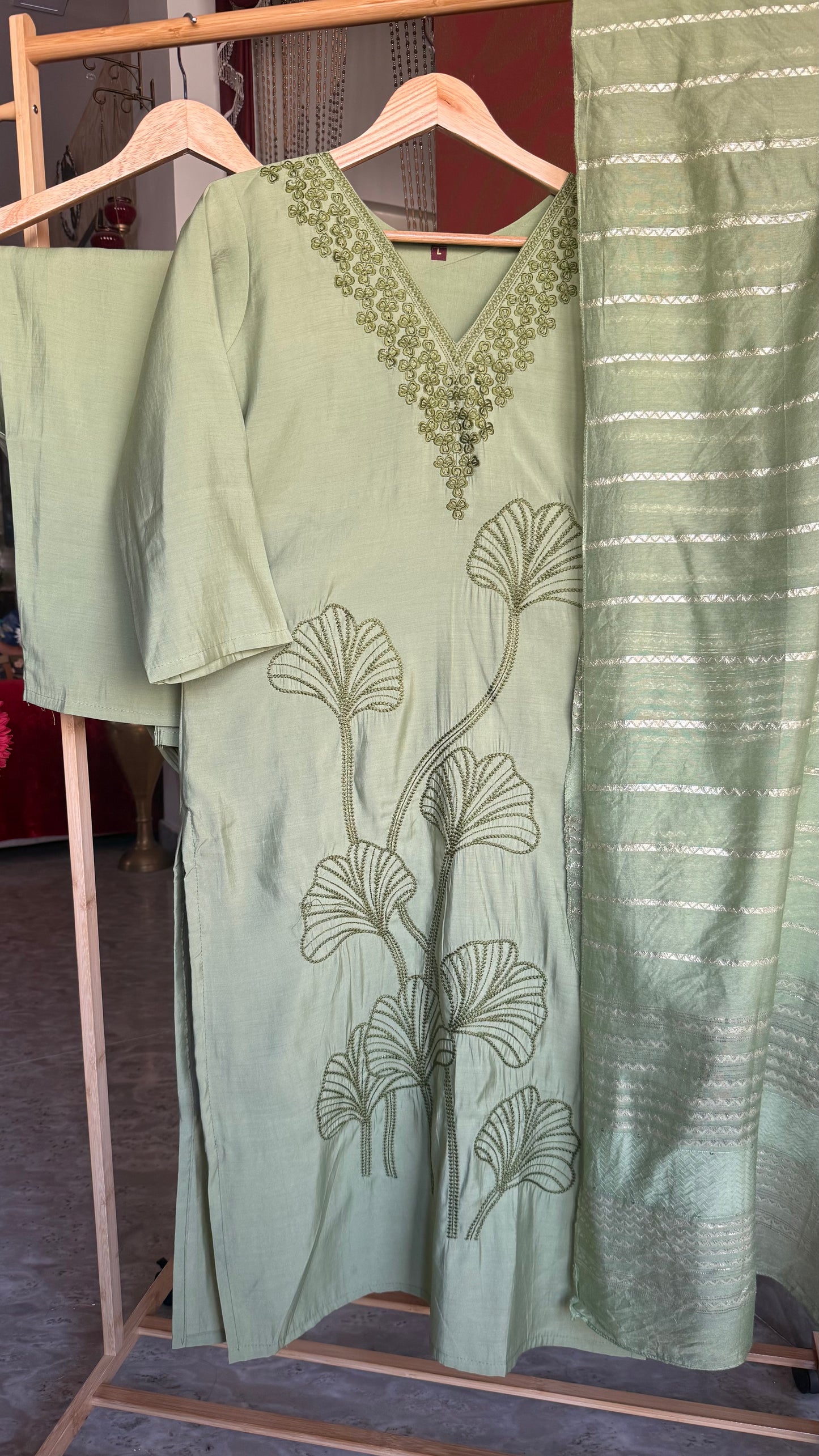 Light Green Roman Silk Suit with Embroidery and Banarasi Dupatta