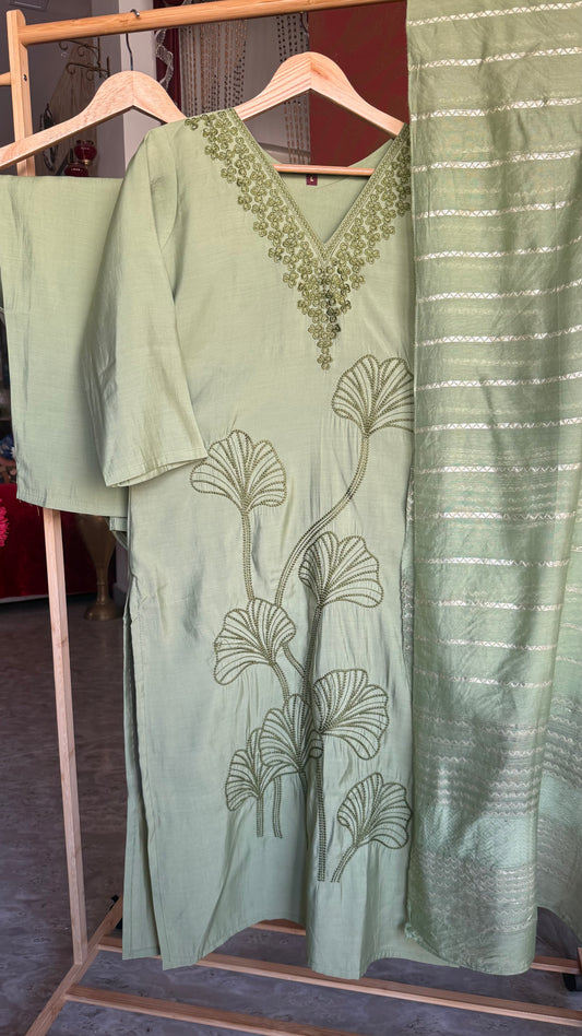 Light Green Roman Silk Suit with Embroidery and Banarasi Dupatta