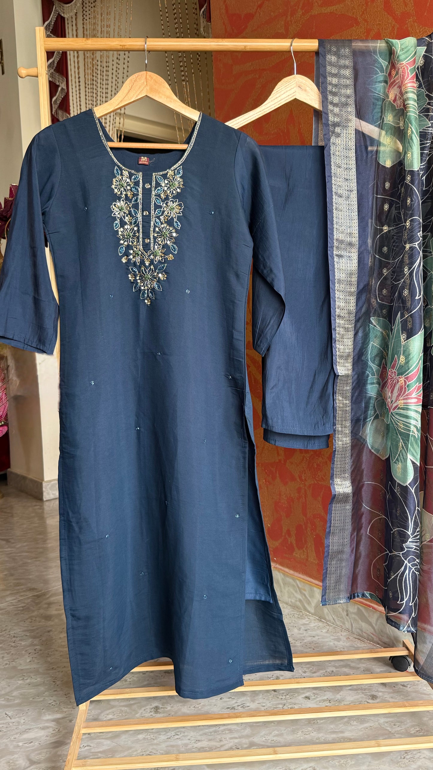 Dark Blue Roman Silk Suit with Handwork and Floral Print Dupatta