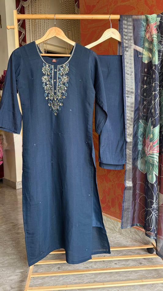 Dark Blue Roman Silk Suit with Handwork and Floral Print Dupatta