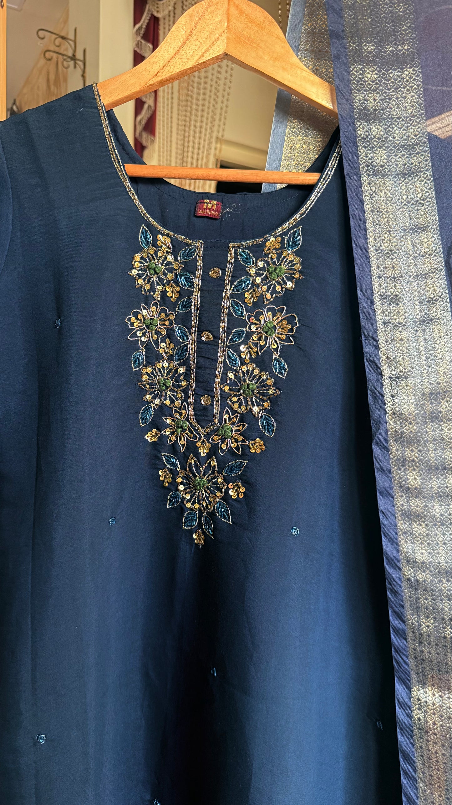 Dark Blue Roman Silk Suit with Handwork and Floral Print Dupatta