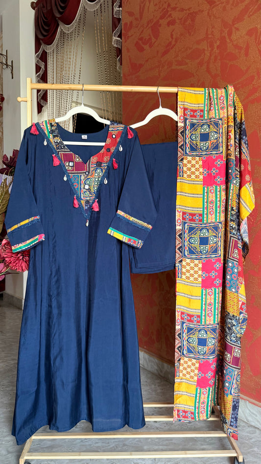 Dark Blue Muslin Patchwork with Ajrakh Print Dupatta
