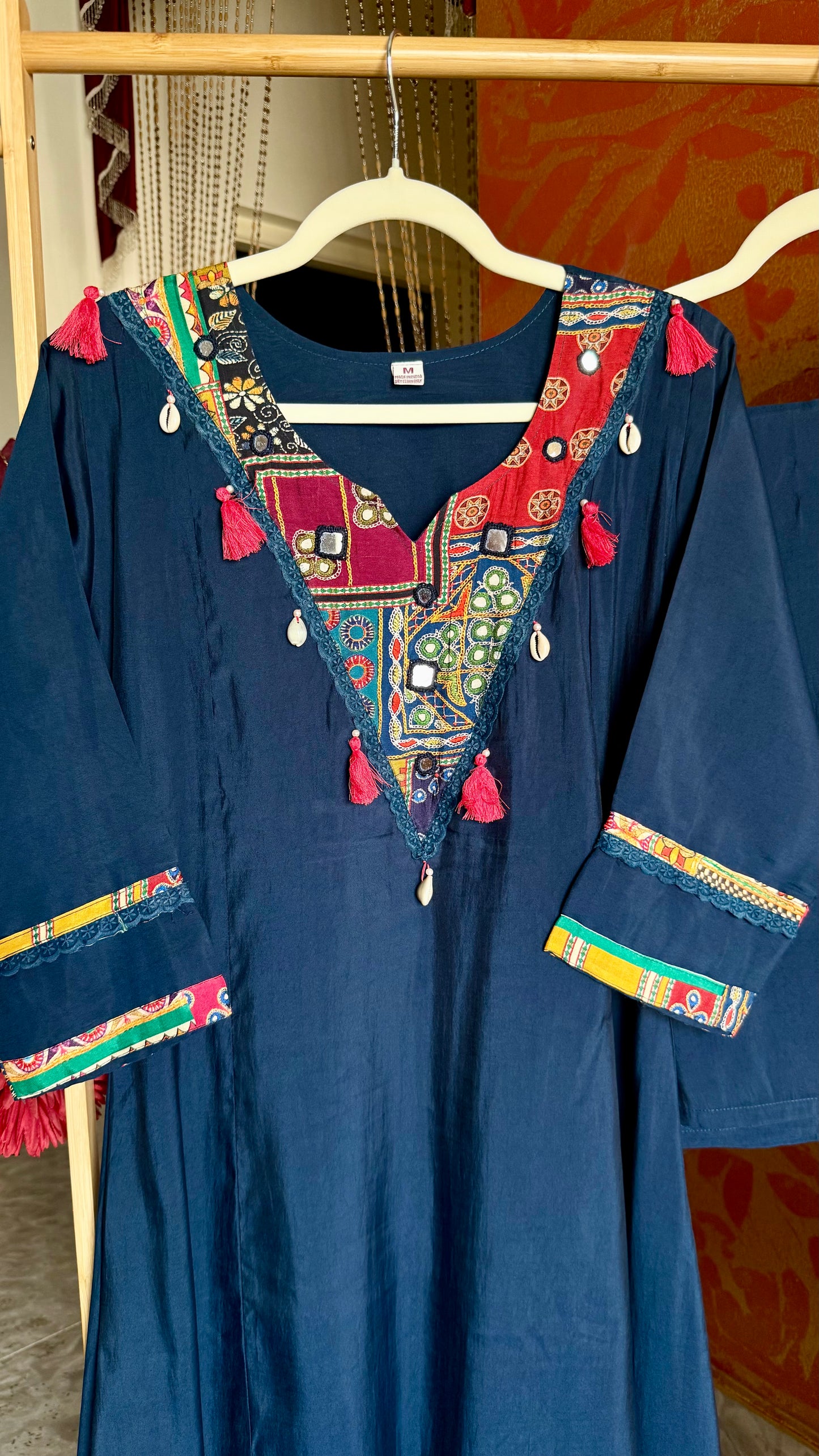 Dark Blue Muslin Patchwork with Ajrakh Print Dupatta