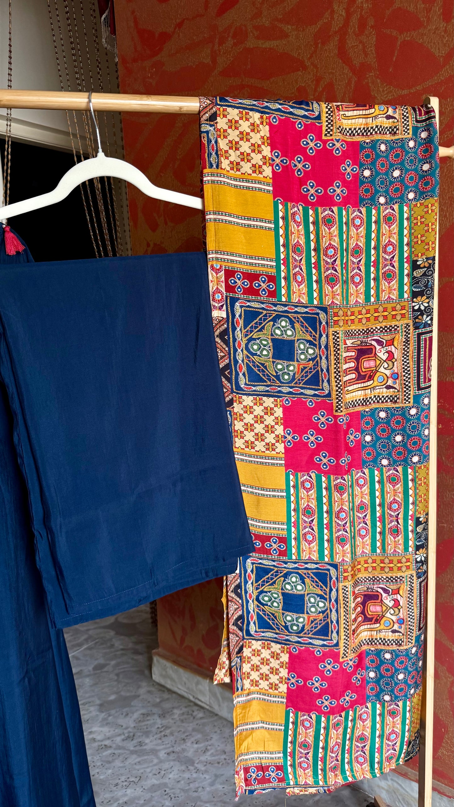 Dark Blue Muslin Patchwork with Ajrakh Print Dupatta