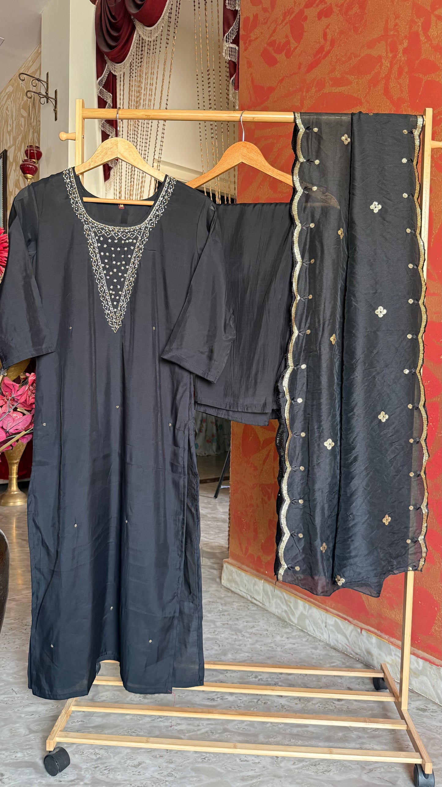 Black Roman Silk Suit with Handwork and Sequence Work Dupatta