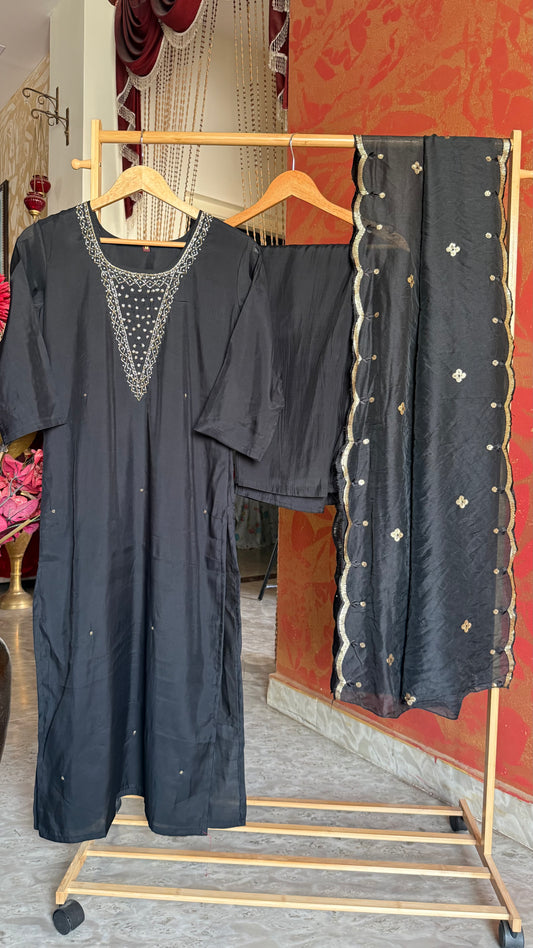 Black Roman Silk Suit with Handwork and Sequence Work Dupatta