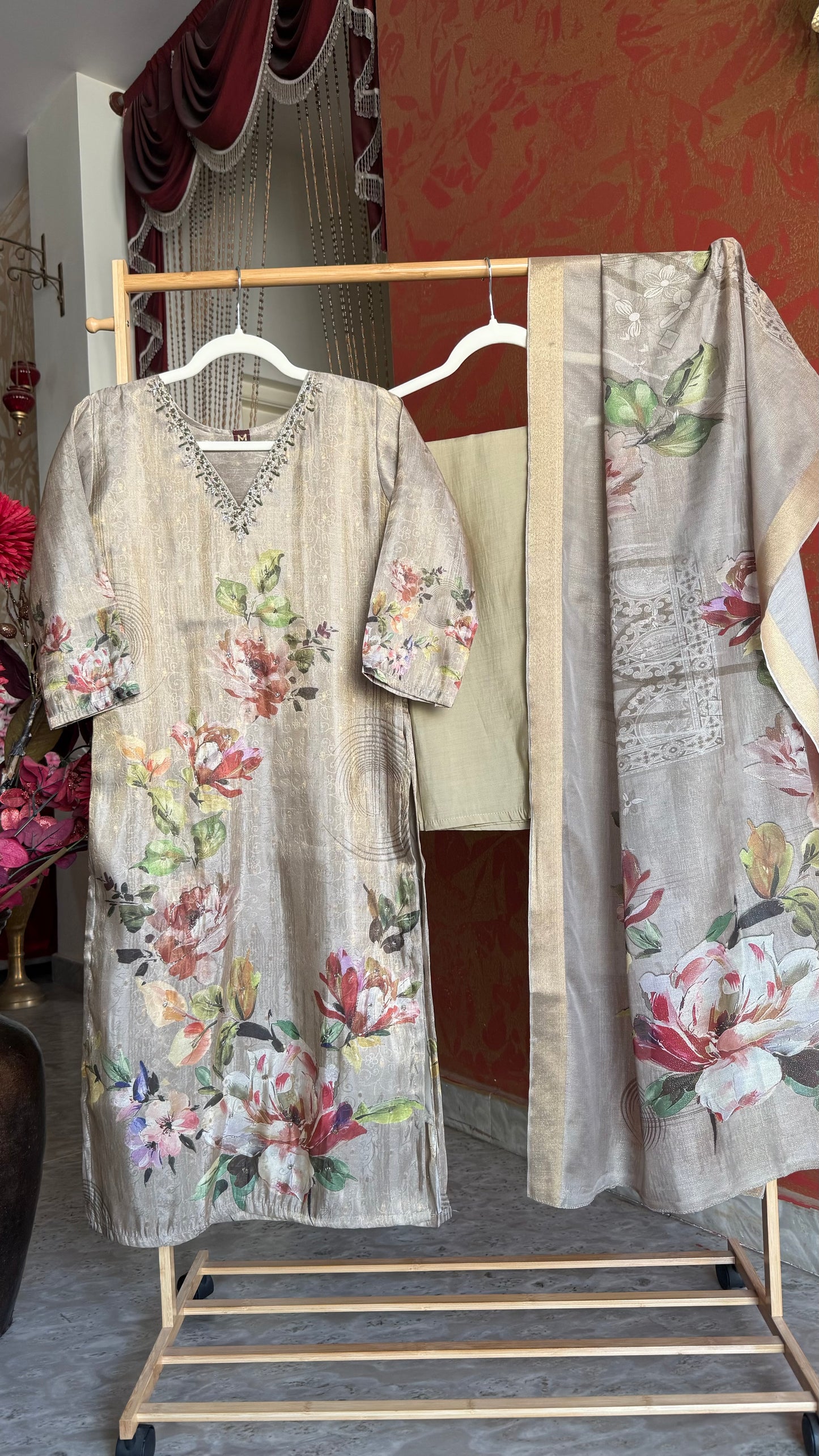 Greenish Gold Tissue Silk Digital Print Suit with Handwork