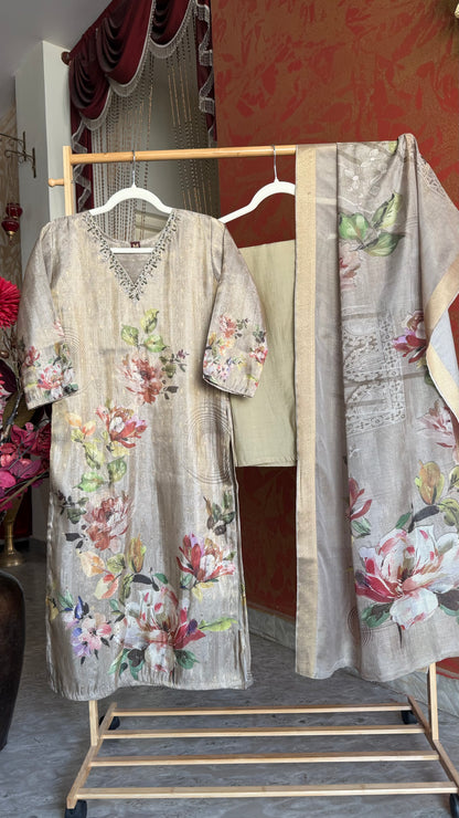 Greenish Gold Tissue Silk Digital Print Suit with Handwork