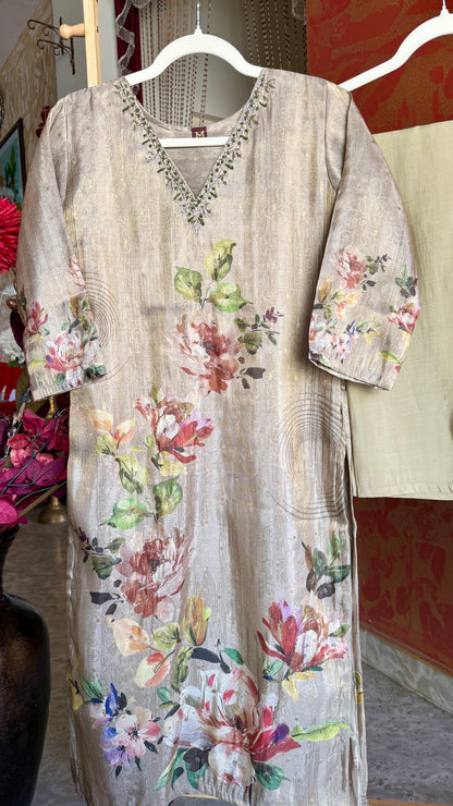 Greenish Gold Tissue Silk Digital Print Suit with Handwork