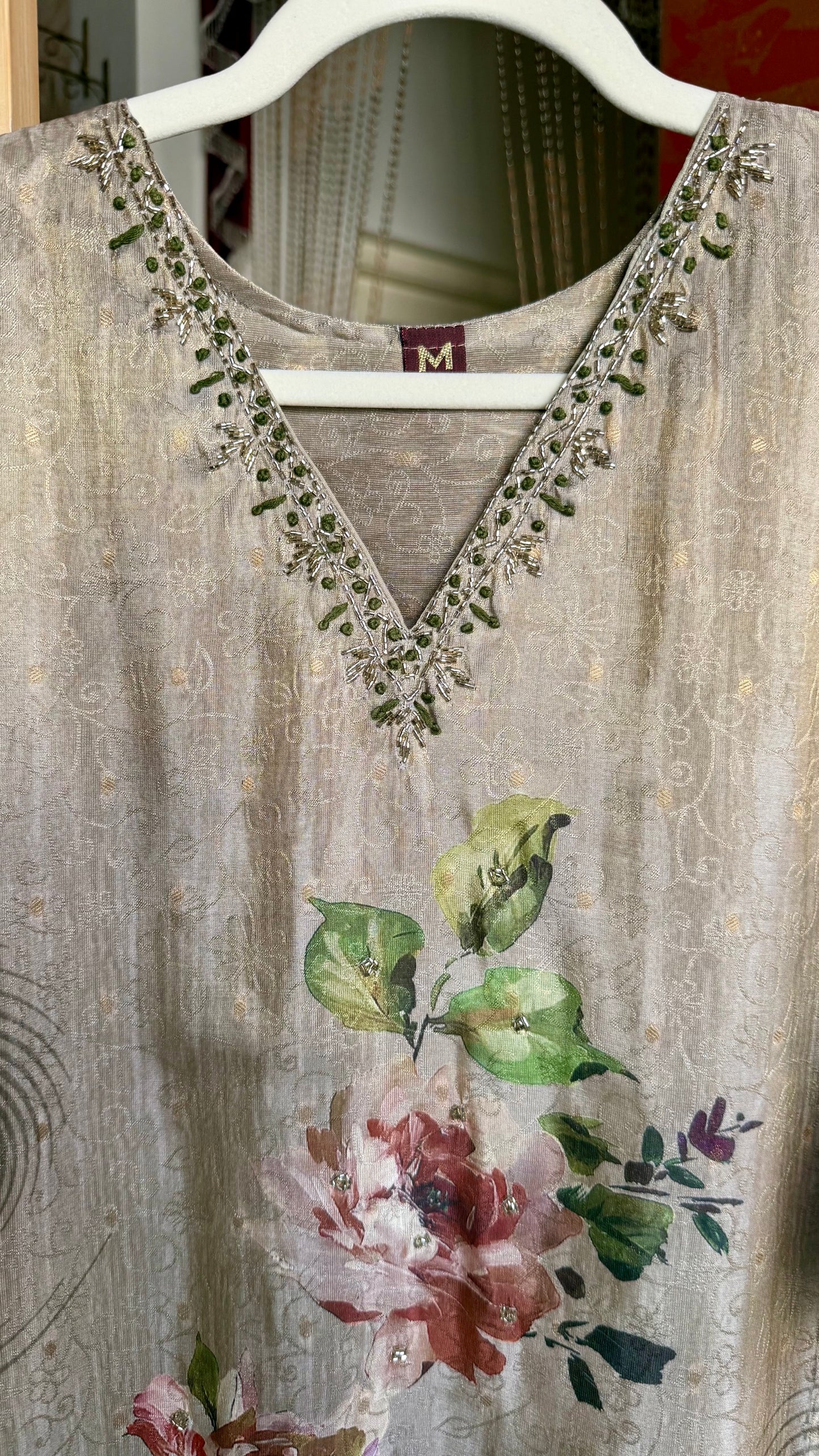 Greenish Gold Tissue Silk Digital Print Suit with Handwork