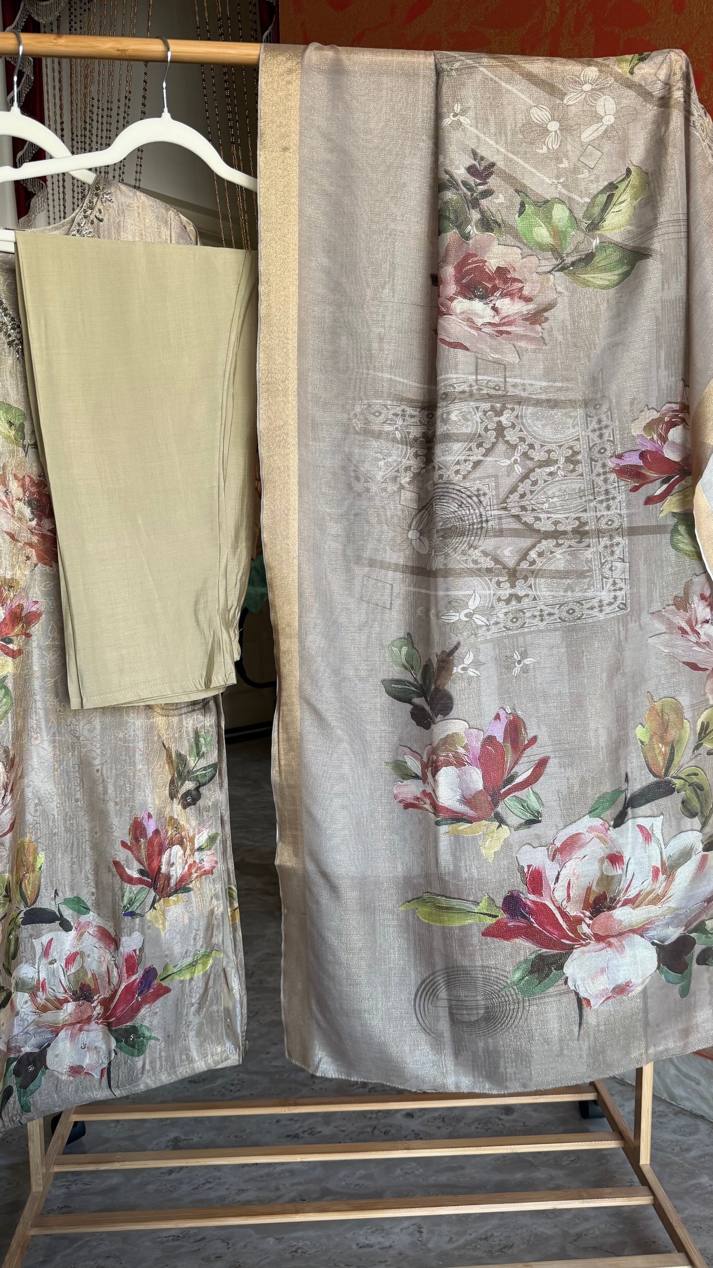 Greenish Gold Tissue Silk Digital Print Suit with Handwork