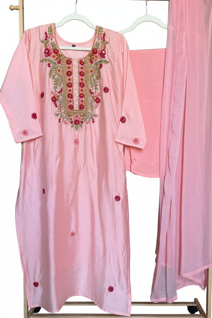 Pink Mul Chanderi Suit with Kantha Work