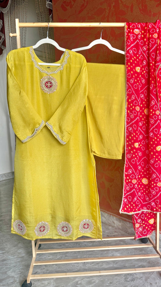 Yellow Handwork Kurta Suit with Red Bandhani Dupatta