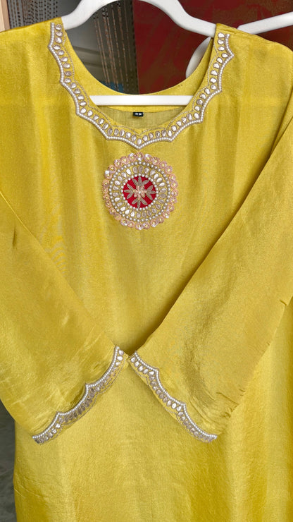 Yellow Handwork Kurta Suit with Red Bandhani Dupatta