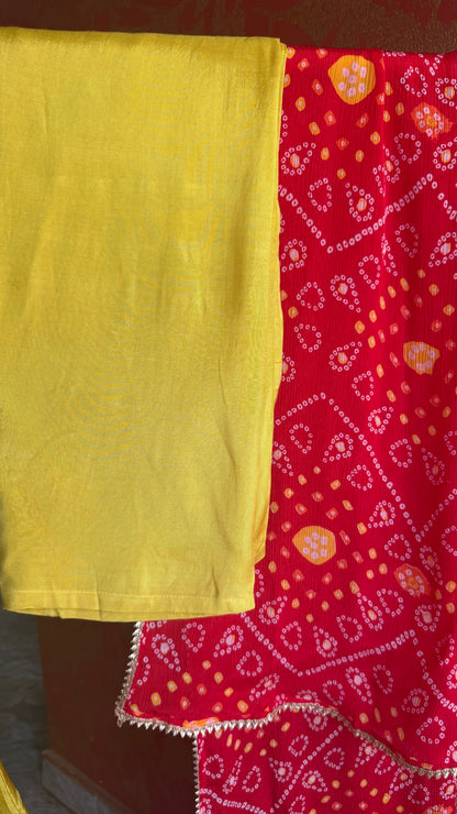 Yellow Handwork Kurta Suit with Red Bandhani Dupatta