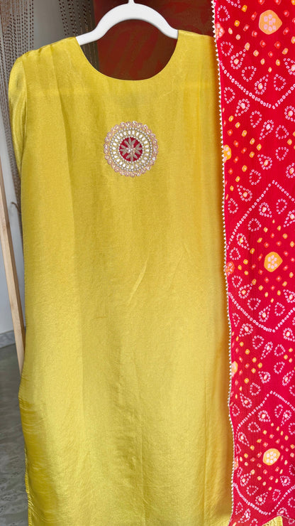 Yellow Handwork Kurta Suit with Red Bandhani Dupatta