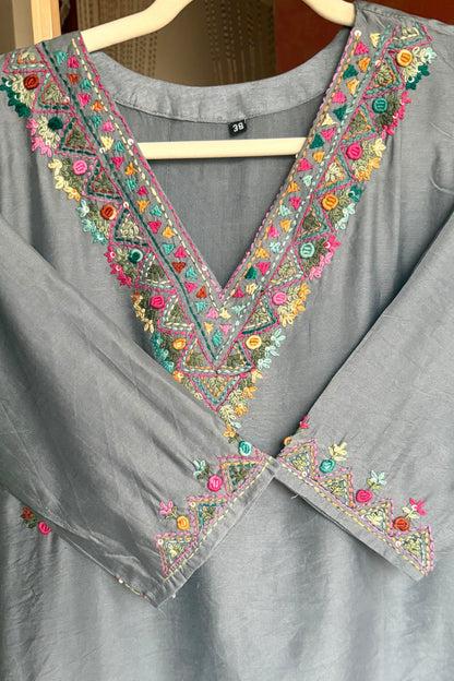 Grey Mul Chanderi Suit with Kantha Work