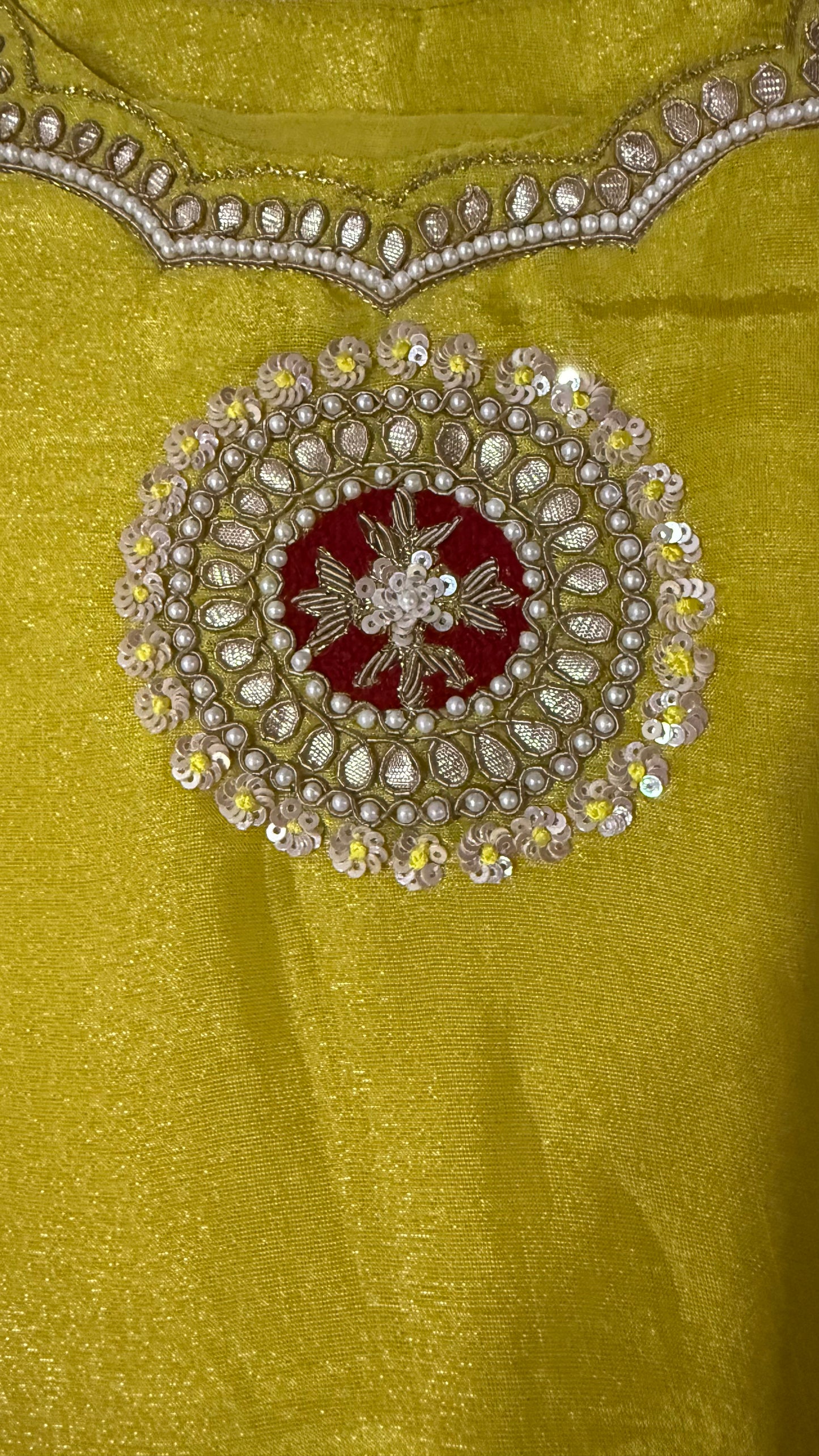 Yellow Handwork Kurta Suit with Red Bandhani Dupatta