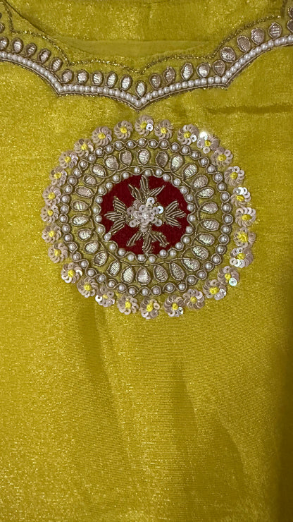 Yellow Handwork Kurta Suit with Red Bandhani Dupatta