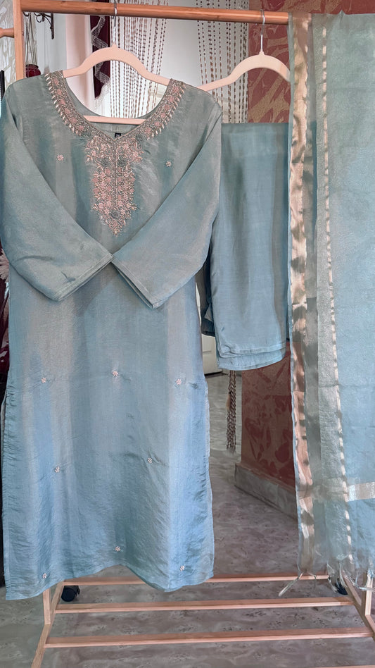 Pacific Blue Gold Tissue Silk Handwork Suit with Tissue Dupatta