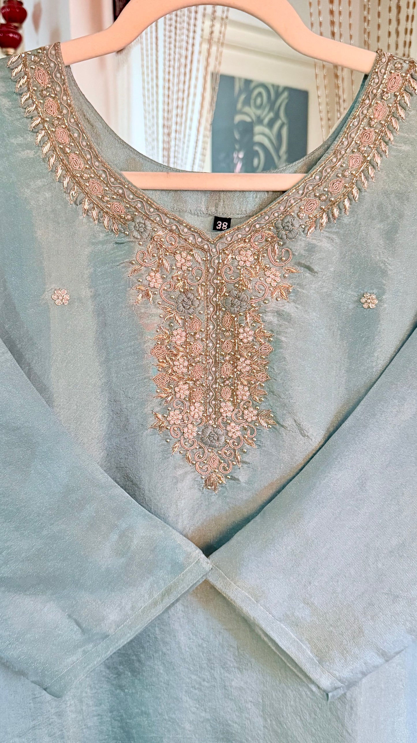 Pacific Blue Gold Tissue Silk Handwork Suit with Tissue Dupatta
