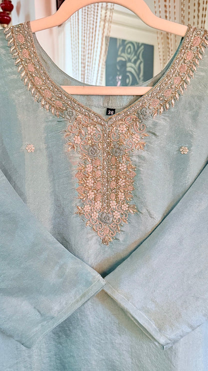 Pacific Blue Gold Tissue Silk Handwork Suit with Tissue Dupatta