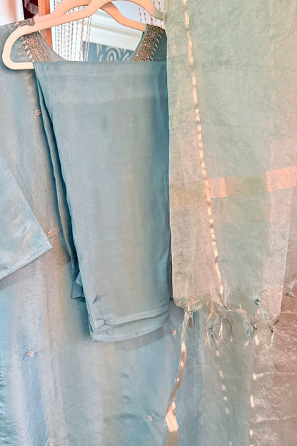 Pacific Blue Gold Tissue Silk Handwork Suit with Tissue Dupatta