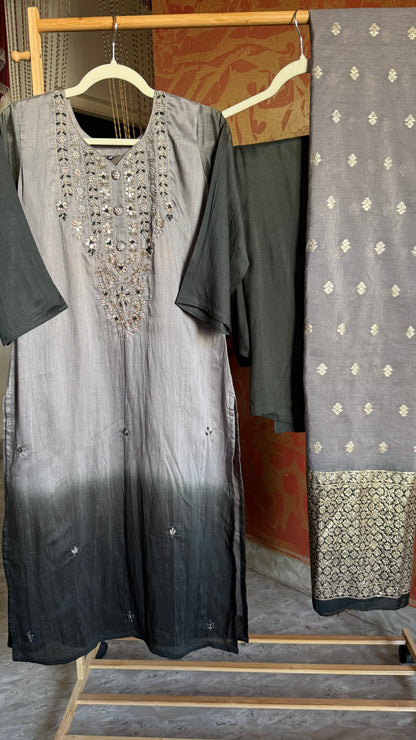 Black Gray Dola Silk Suit with Gota Patti Work and Banarasi Dupatta