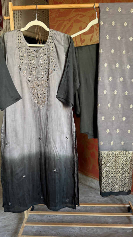Black Gray Dola Silk Suit with Gota Patti Work and Banarasi Dupatta