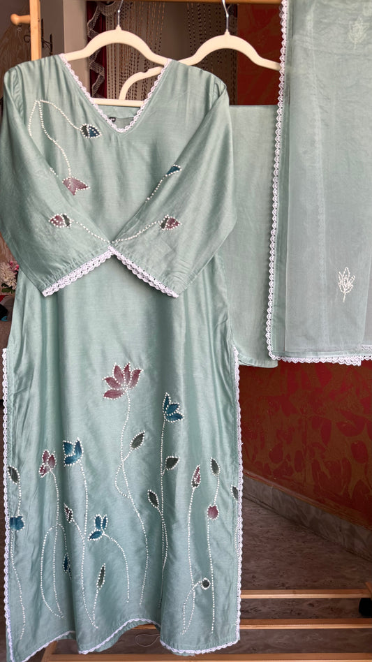 Light Blue Muslin Knot Work and Hand Painted Suit with Organza Dupatta