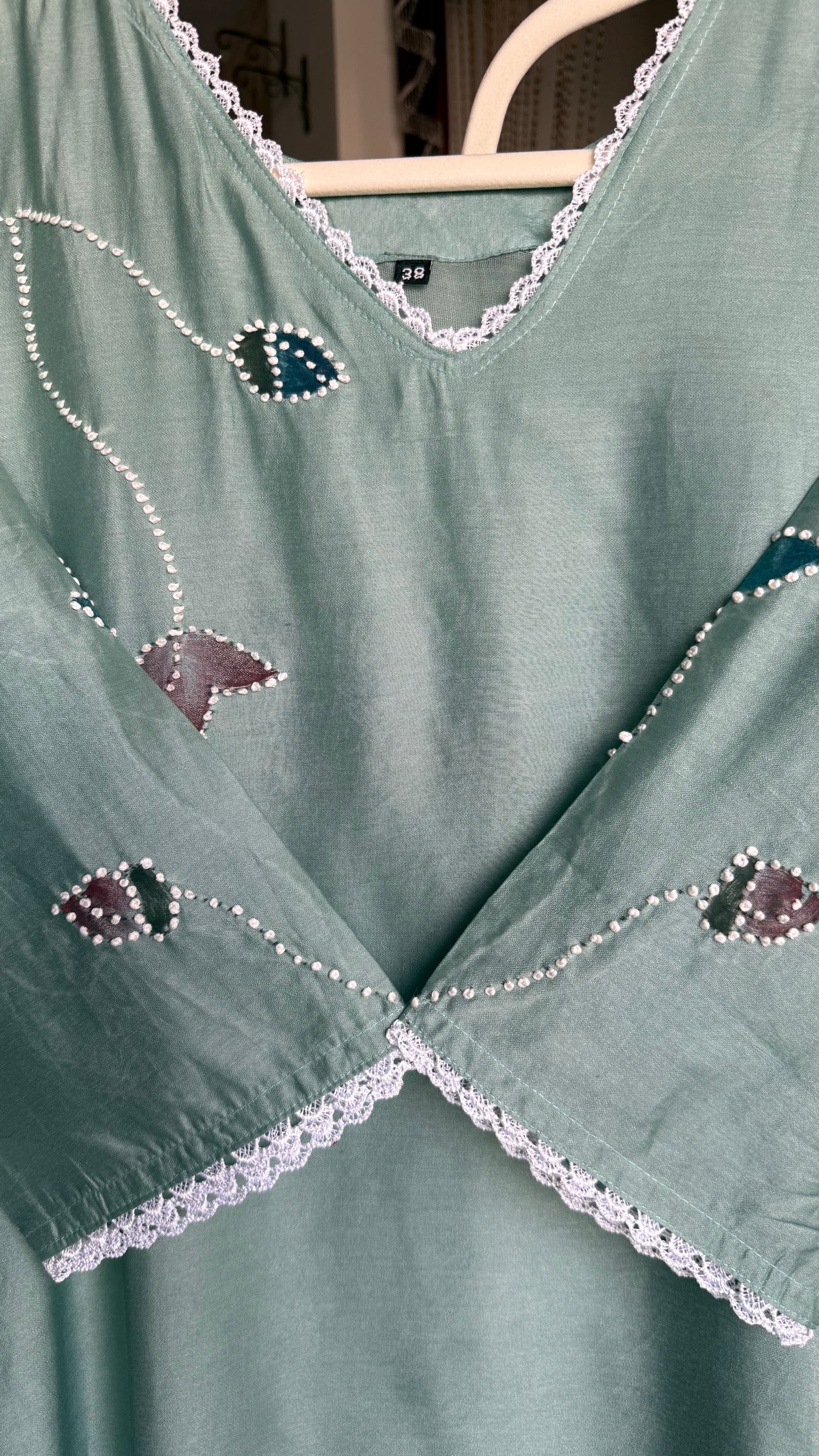 Light Blue Muslin Knot Work and Hand Painted Suit with Organza Dupatta