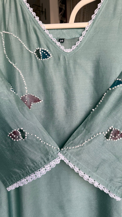 Light Blue Muslin Knot Work and Hand Painted Suit with Organza Dupatta