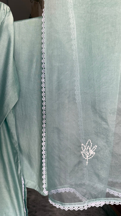 Light Blue Muslin Knot Work and Hand Painted Suit with Organza Dupatta