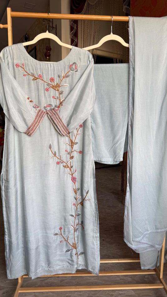 Grey Mul Chanderi Suit with Embroidery Work