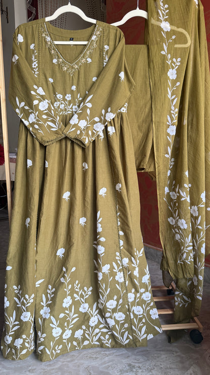 Floral Print Cotton Green Anarkali Kurta Set