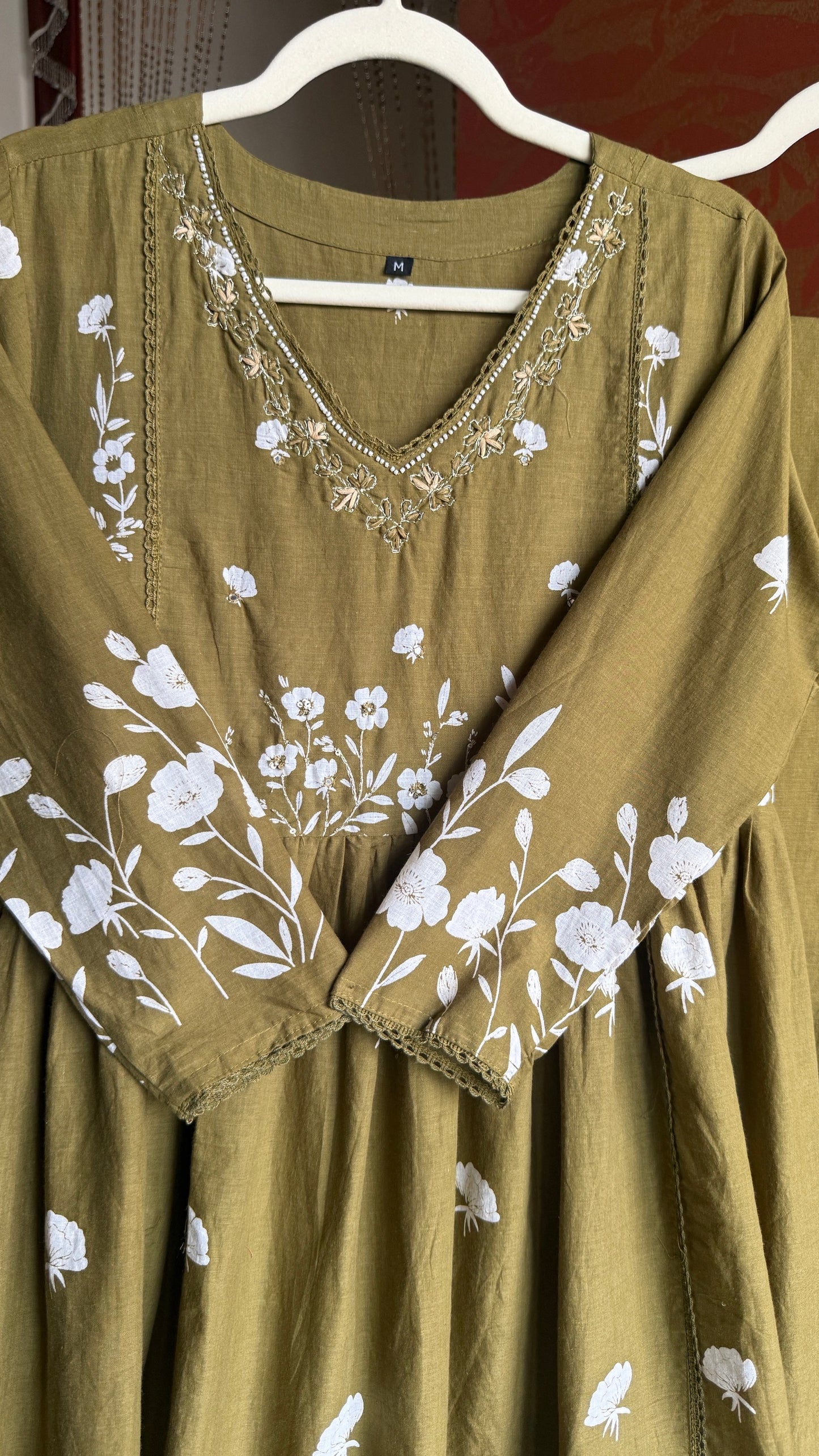 Floral Print Cotton Green Anarkali Kurta Set