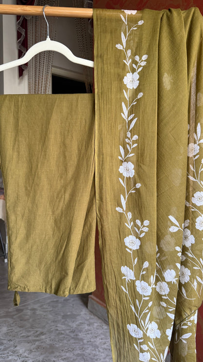 Floral Print Cotton Green Anarkali Kurta Set