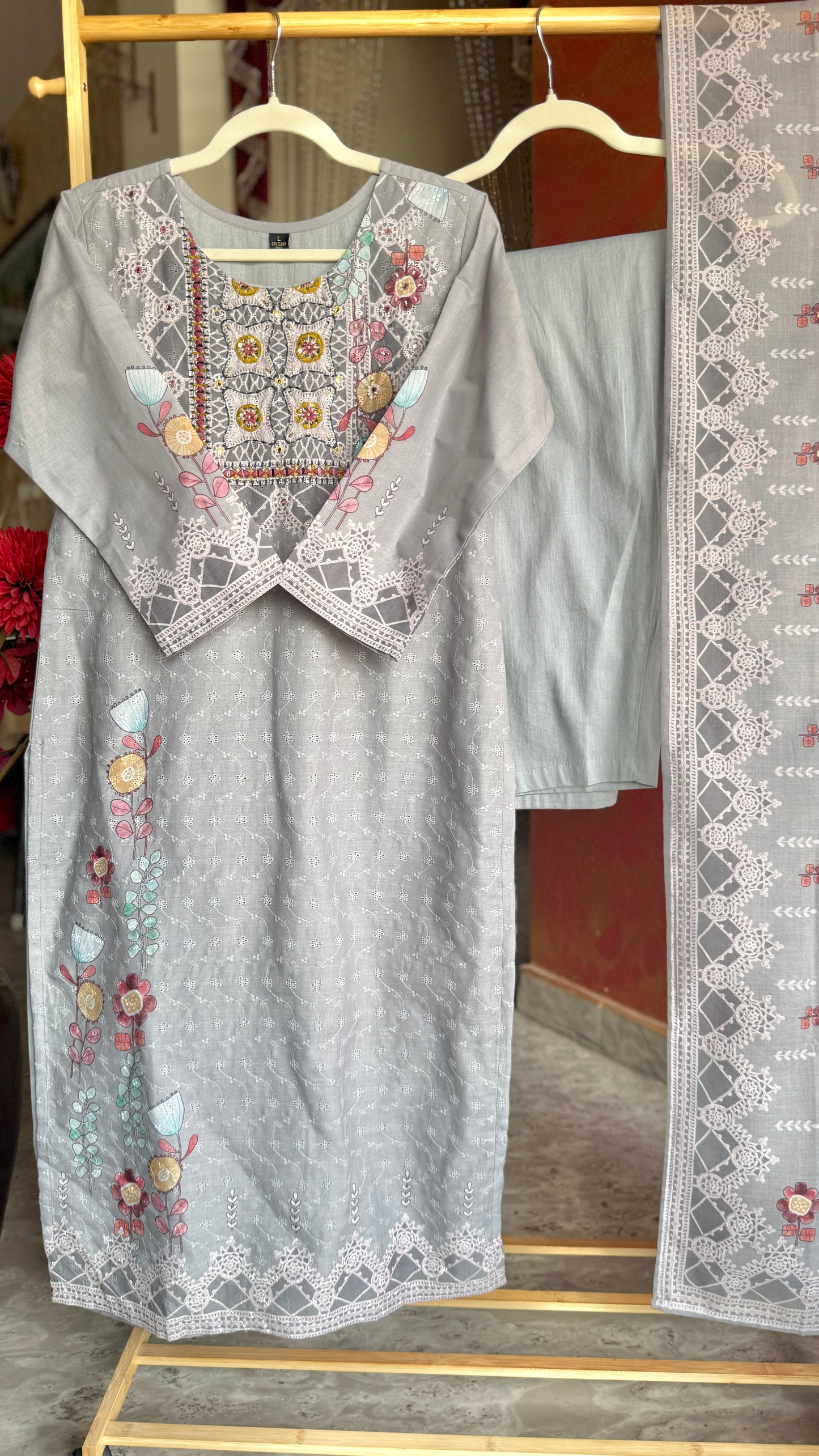 Gray Schiffli Printed Cotton Suit with Pant and Dupatta