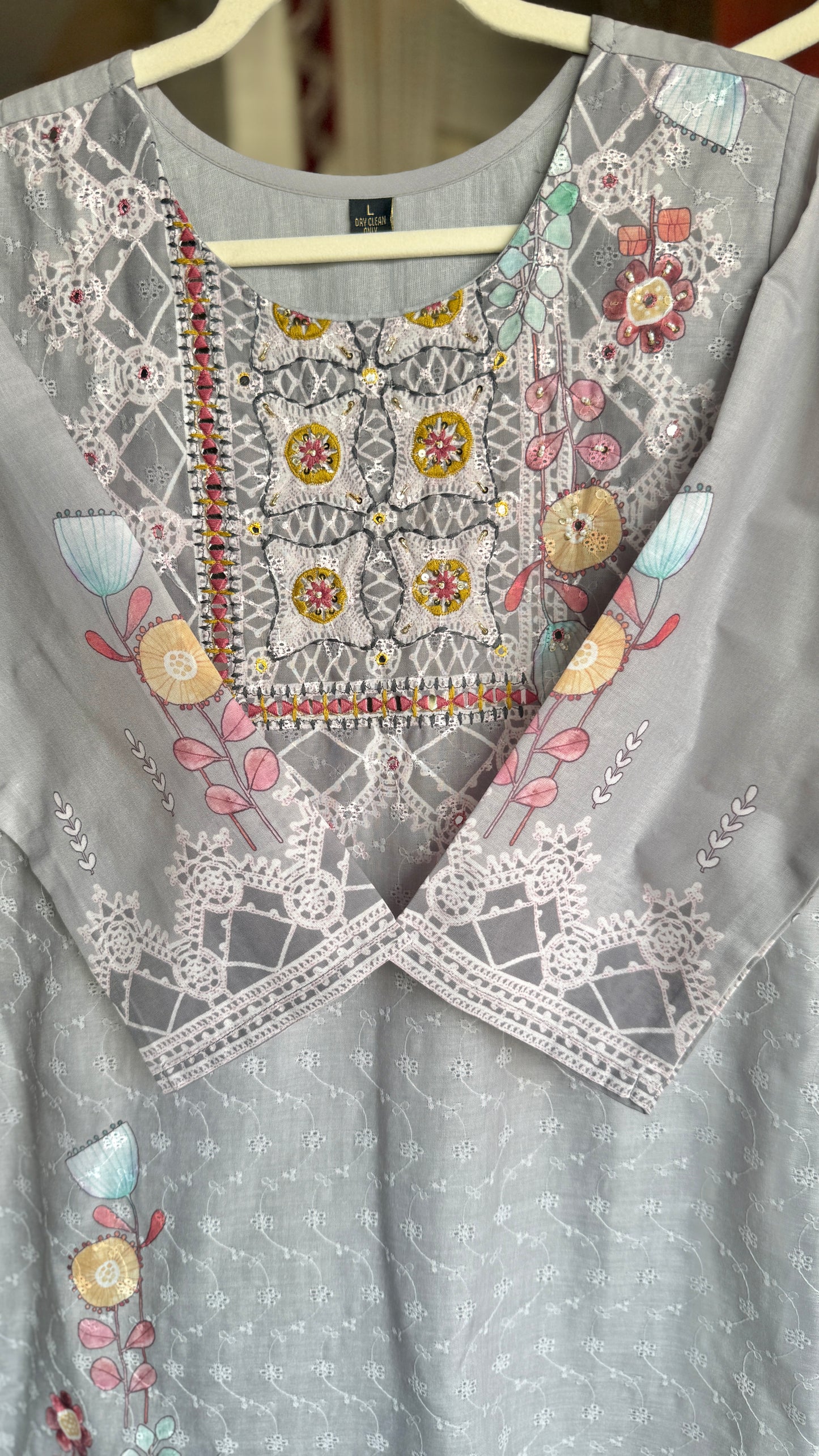 Gray Schiffli Printed Cotton Suit with Pant and Dupatta