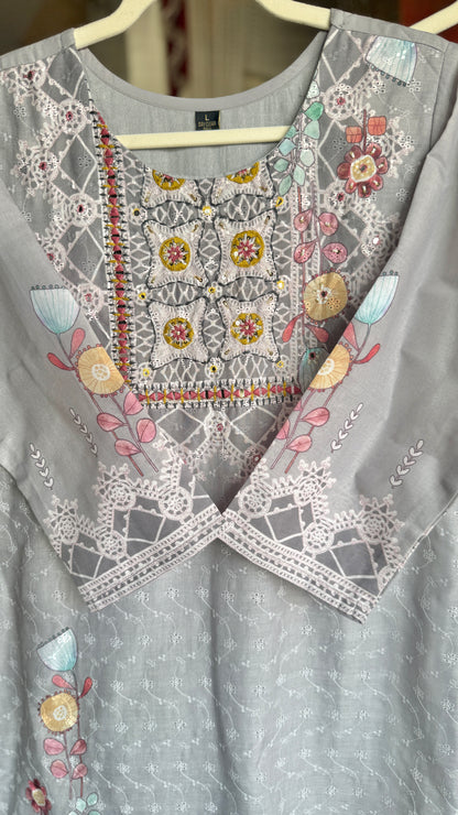 Gray Schiffli Printed Cotton Suit with Pant and Dupatta