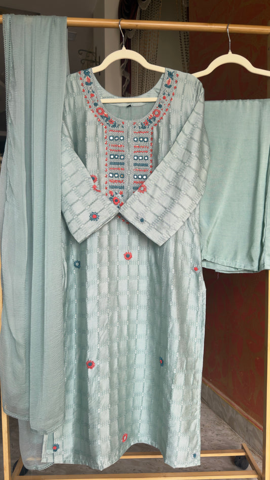 Sea Green Mul Chanderi Suit with Kantha Work