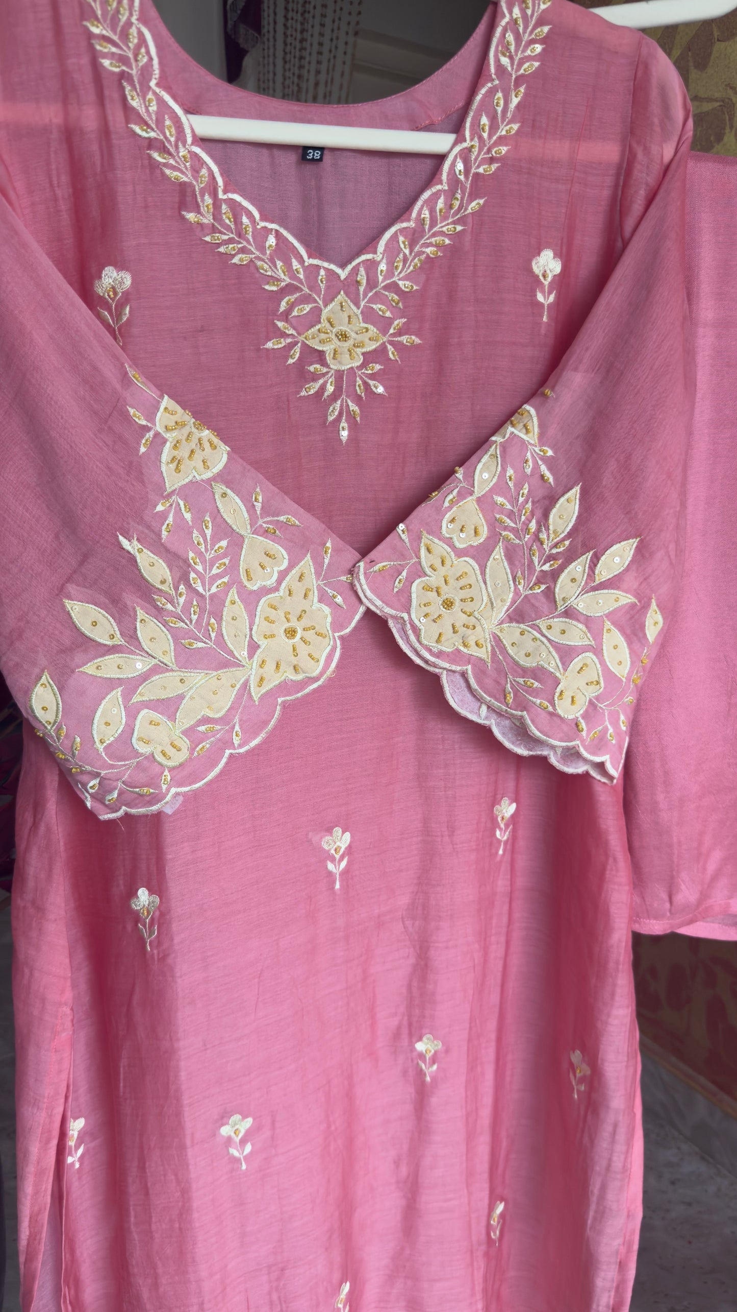 Light Pink Mul Cotton Kurta Set with Handwork and Embroidery